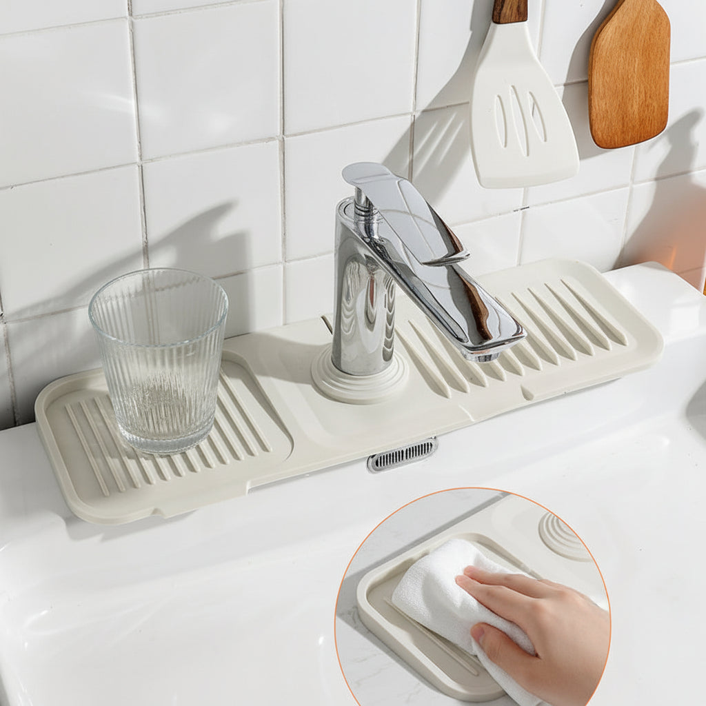 Flexible Silicone Sink Mat — Curved Faucet Drip Tray, Self-Draining System