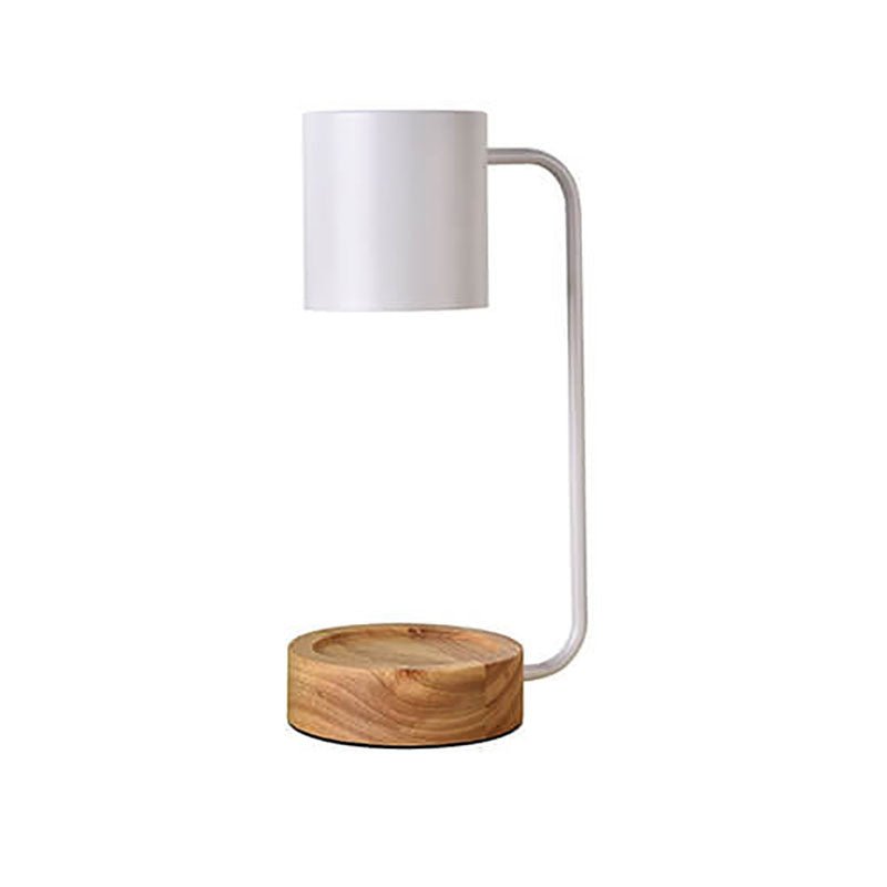 Japansk minimalistisk bordslampa — massiv träbas, polerad stålskärm