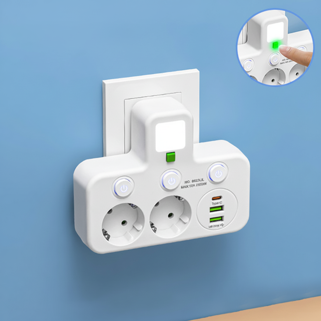 Regleta de enchufes de conexión directa — Puertos USB integrados, luz nocturna incorporada e interruptores individuales