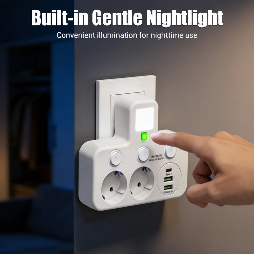 Regleta de enchufes de conexión directa — Puertos USB integrados, luz nocturna incorporada e interruptores individuales