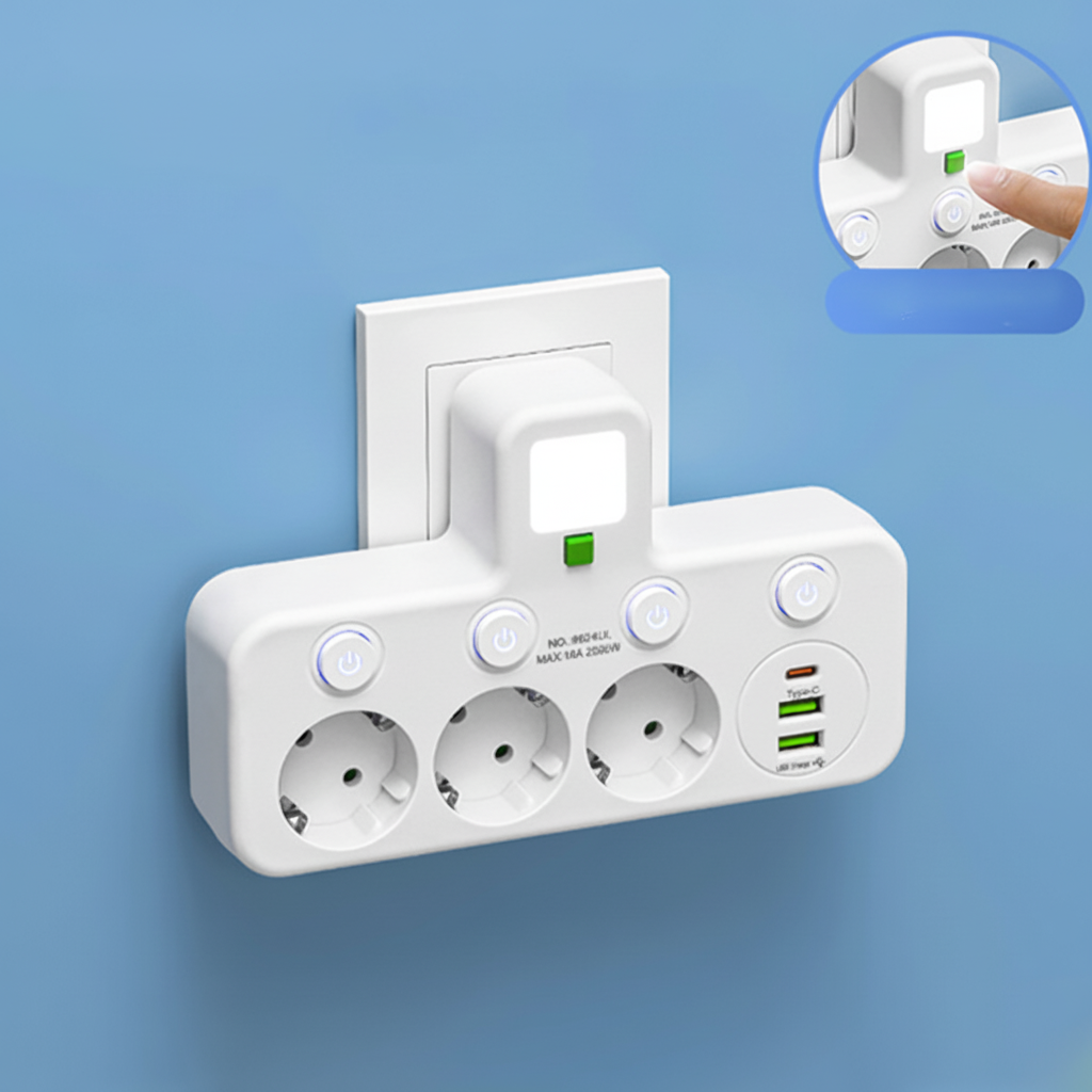 Regleta de enchufes de conexión directa — Puertos USB integrados, luz nocturna incorporada e interruptores individuales