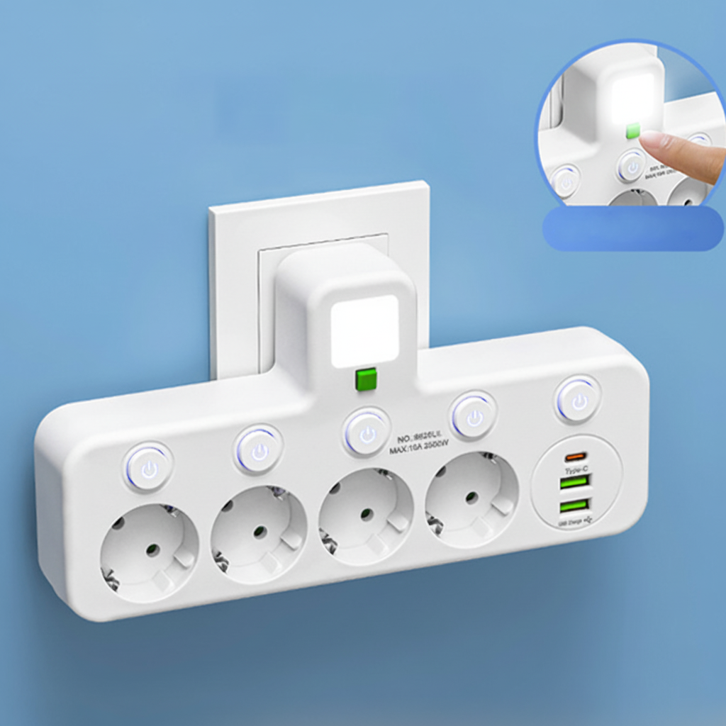 Regleta de enchufes de conexión directa — Puertos USB integrados, luz nocturna incorporada e interruptores individuales