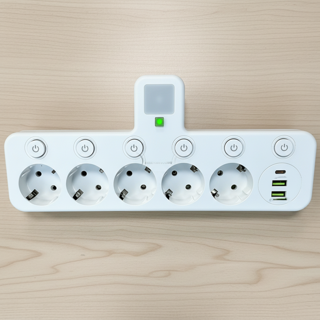 Regleta de enchufes de conexión directa — Puertos USB integrados, luz nocturna incorporada e interruptores individuales