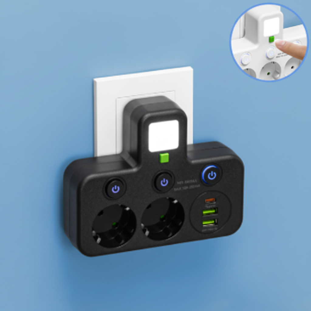 Regleta de enchufes de conexión directa — Puertos USB integrados, luz nocturna incorporada e interruptores individuales