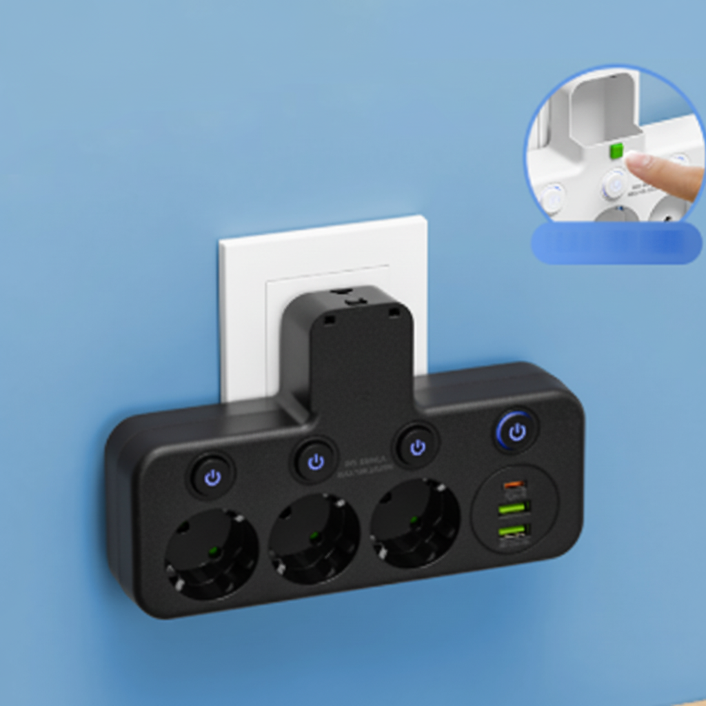 Regleta de enchufes de conexión directa — Puertos USB integrados, luz nocturna incorporada e interruptores individuales
