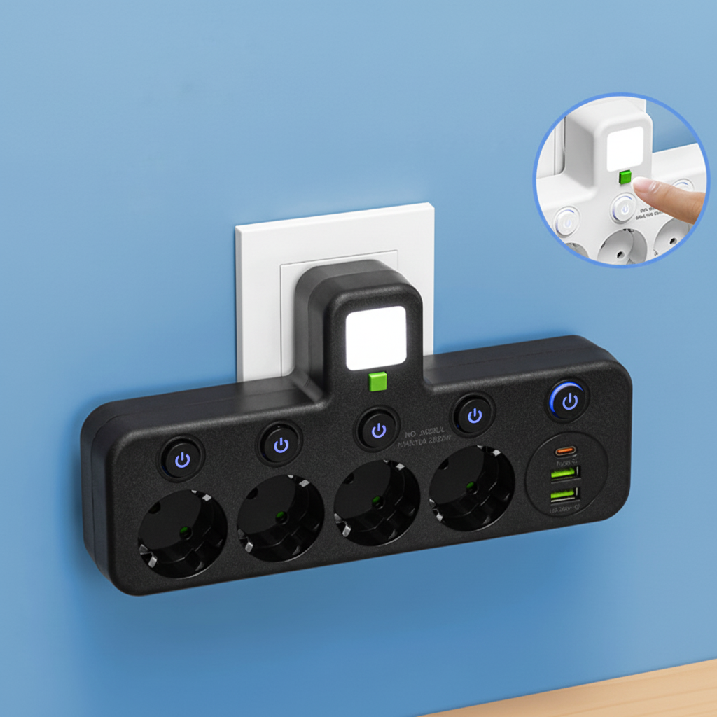 Regleta de enchufes de conexión directa — Puertos USB integrados, luz nocturna incorporada e interruptores individuales