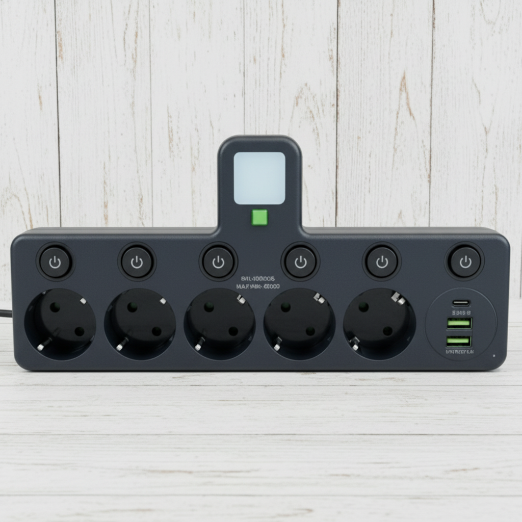 Regleta de enchufes de conexión directa — Puertos USB integrados, luz nocturna incorporada e interruptores individuales