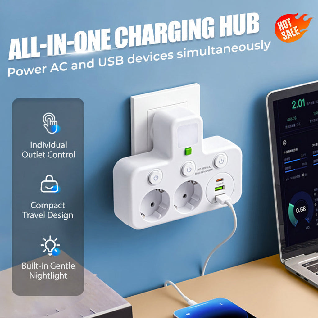 Regleta de enchufes de conexión directa — Puertos USB integrados, luz nocturna incorporada e interruptores individuales