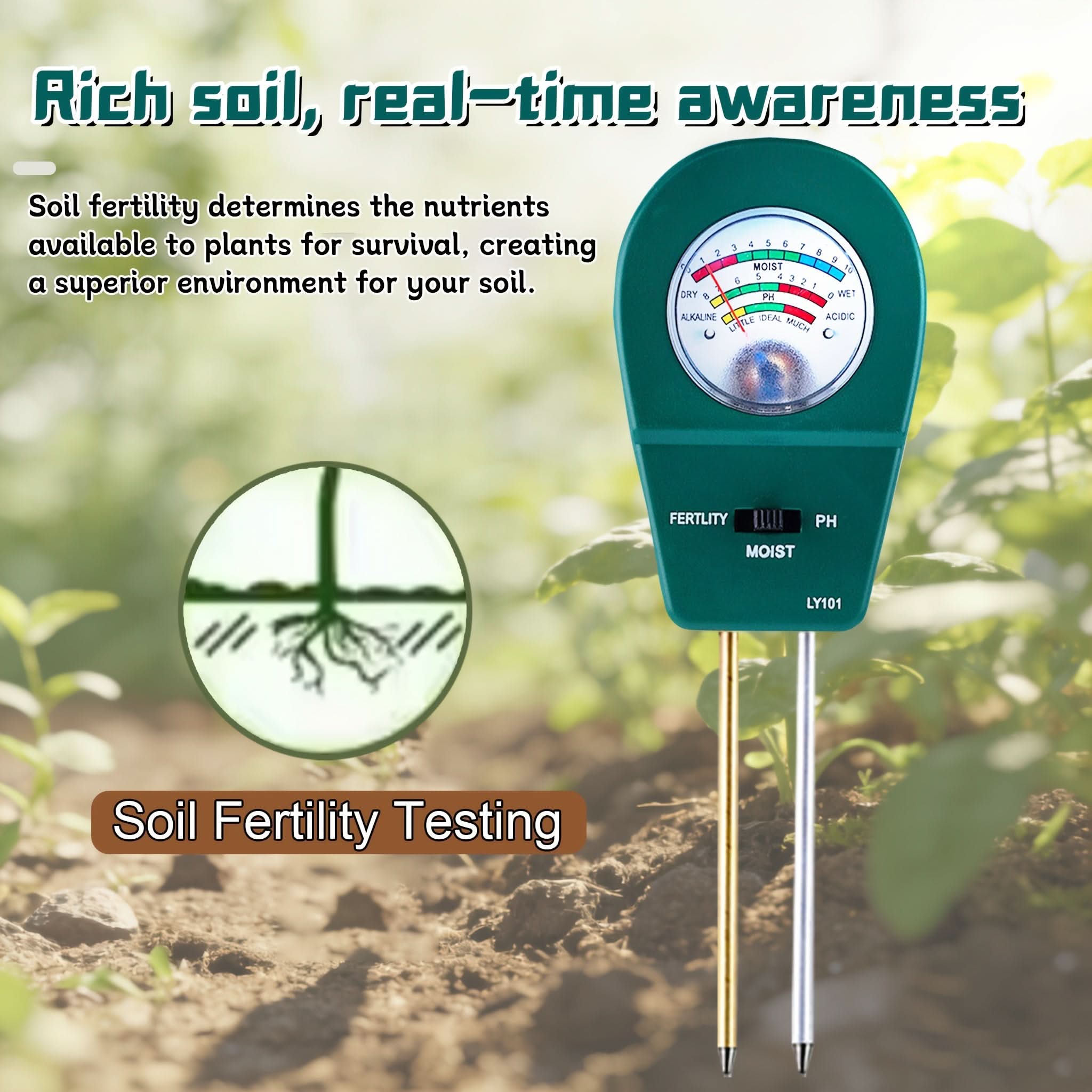 Tester 3-in-1 di umidità, fertilità e pH del terreno per piante sane | meowbutter