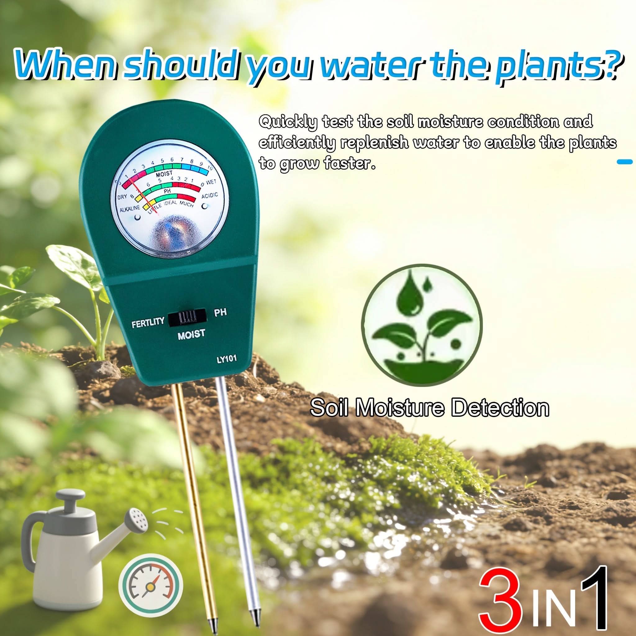 Tester 3-in-1 di umidità, fertilità e pH del terreno per piante sane | meowbutter