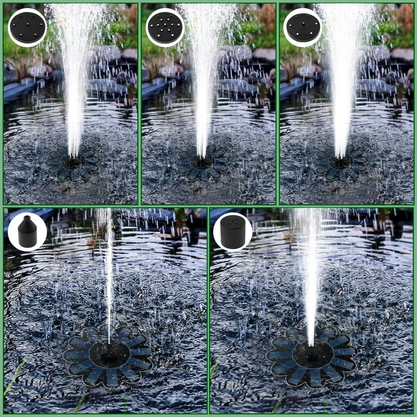Fontana d’acqua solare con 5 ugelli intercambiabili per effetti personalizzabili | meowbutter