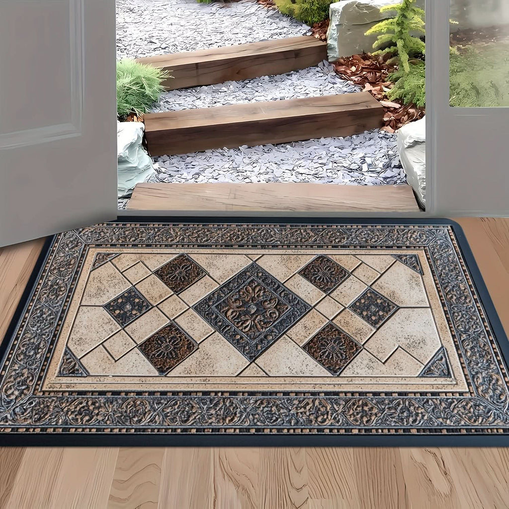 Machine Washable Geometric Border Entryway Mat for High-Traffic Areas | meowbutter