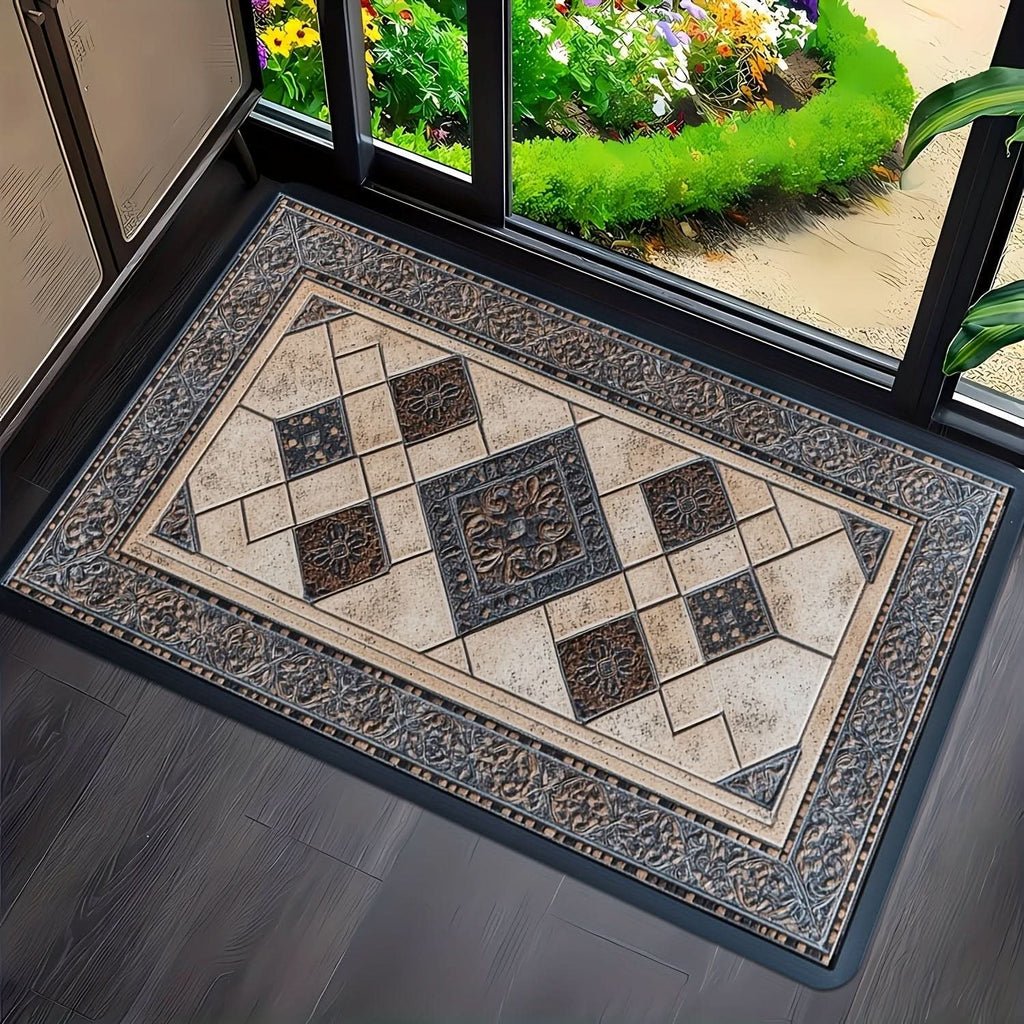 Machine Washable Geometric Border Entryway Mat for High-Traffic Areas | meowbutter