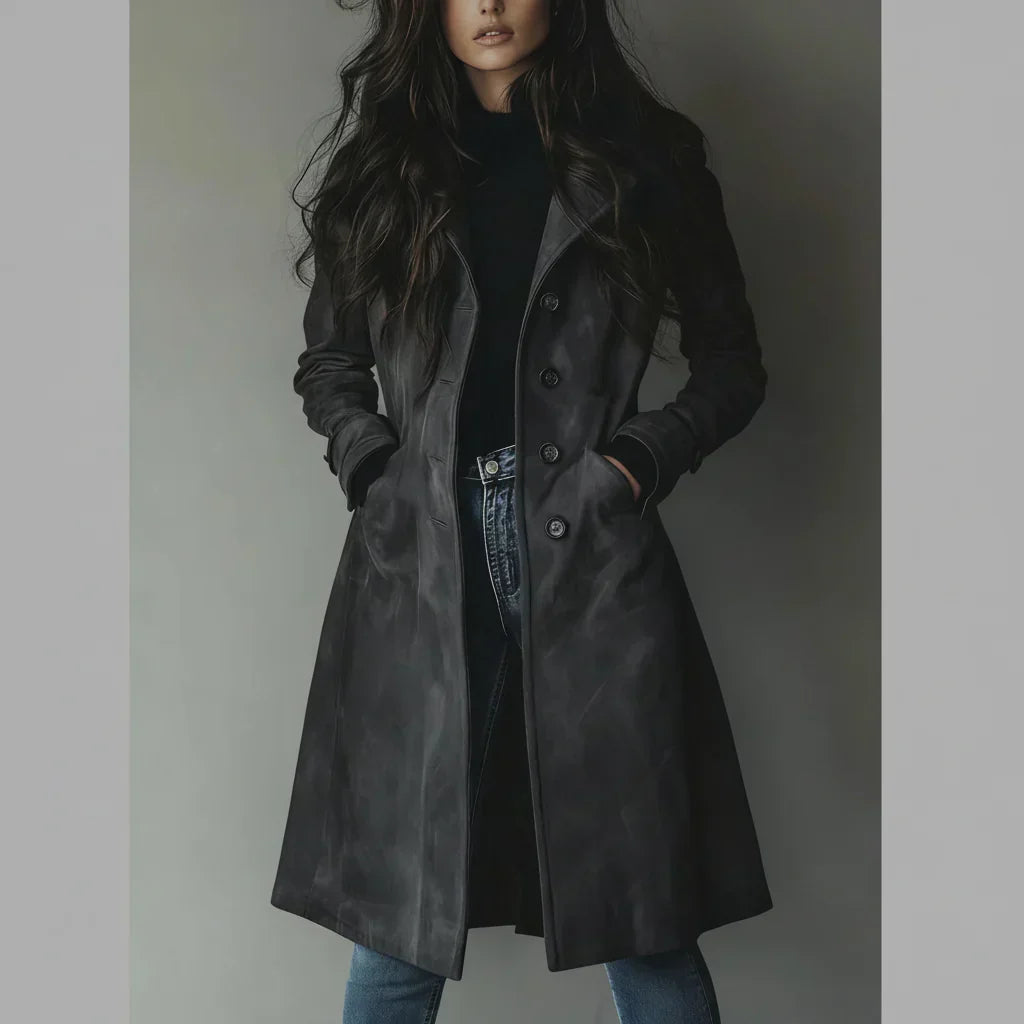 Women's Long Suede Trench Coat — Button Front Closure