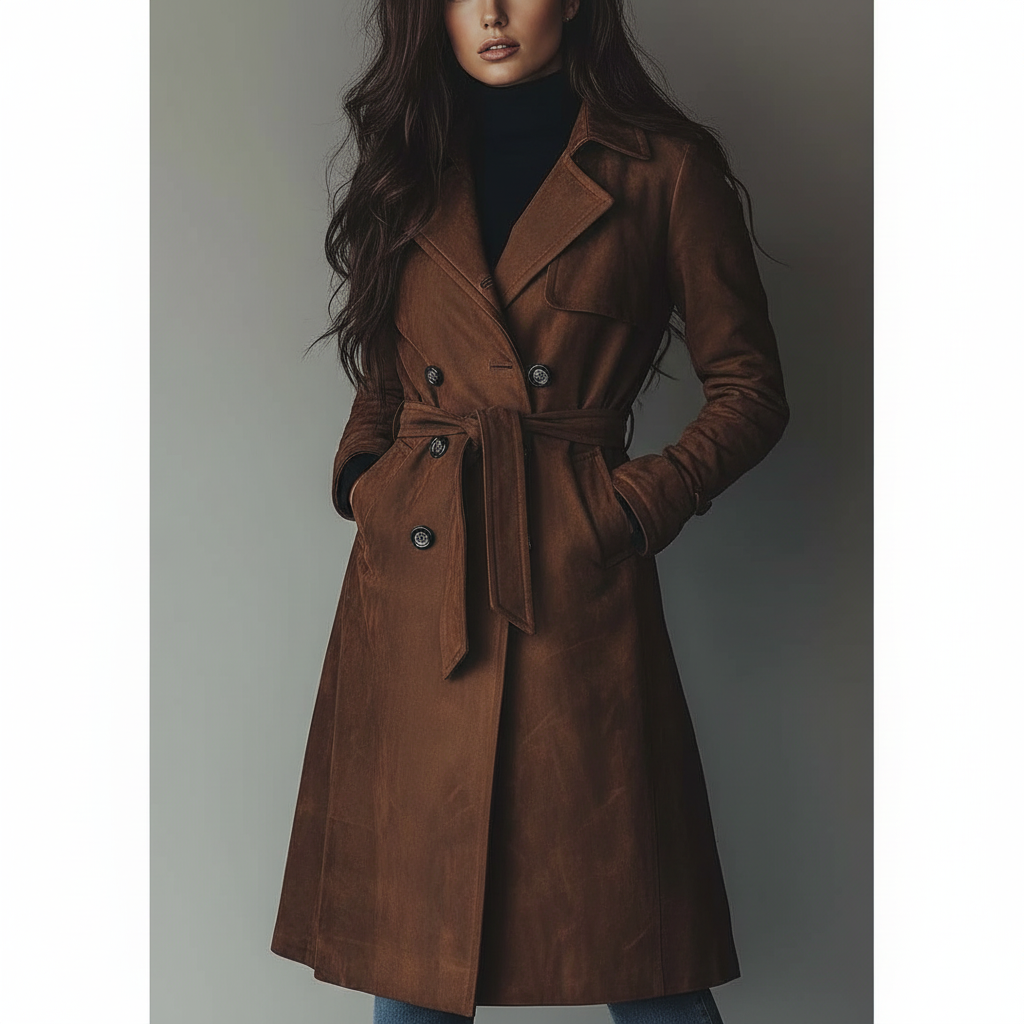 Women's Long Suede Trench Coat — Button Front Closure