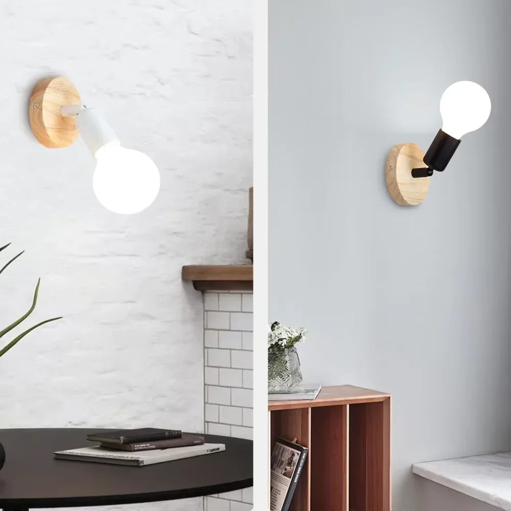 Justerbar vintage-vegglampe — trebrakett og metallskjerm