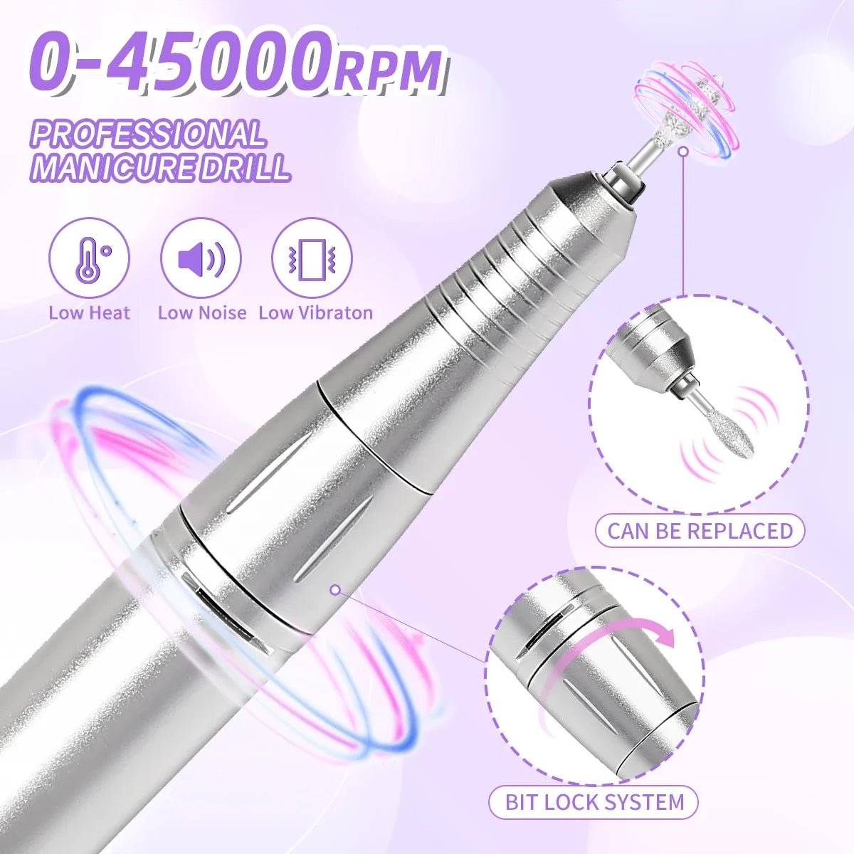 Nail Drill Machine - 45000RPM Low Noise Motor - Rechargeable Manicure Sander | meowbutter
