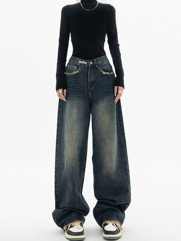 Luna Y2K -vintage-tyyliset naisten baggy-farkut — korkeavyötäröiset, leveälahkeiset