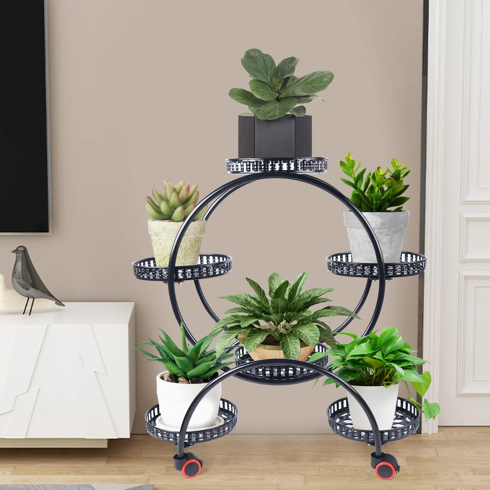 Metallisk planteholder med hjul | 6-lags blomsterpotteholder til indendørs og udendørs dekoration | Meowbutter