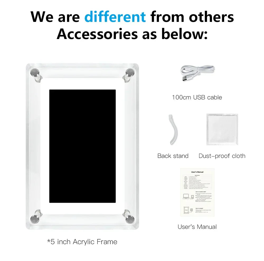 Portarretratos portátil de acrílico ClearFrame — batería integrada, pantalla IPS