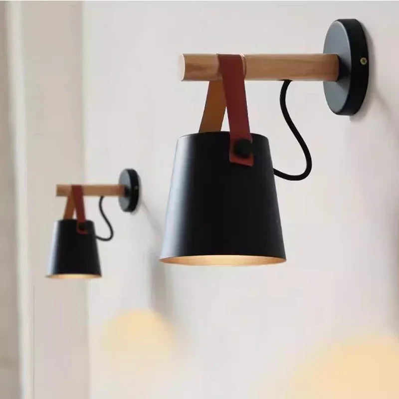 Nordic Wood & Leather Wall Lamp | Hanging Bedside Light | Meowbutter