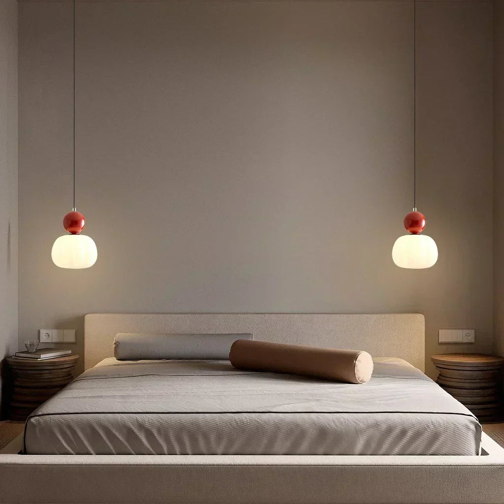 Lampada nordica da soffitto a forma di zucca — Lampada a sospensione LED, diffusore in vetro rinforzato, struttura in metallo lucido