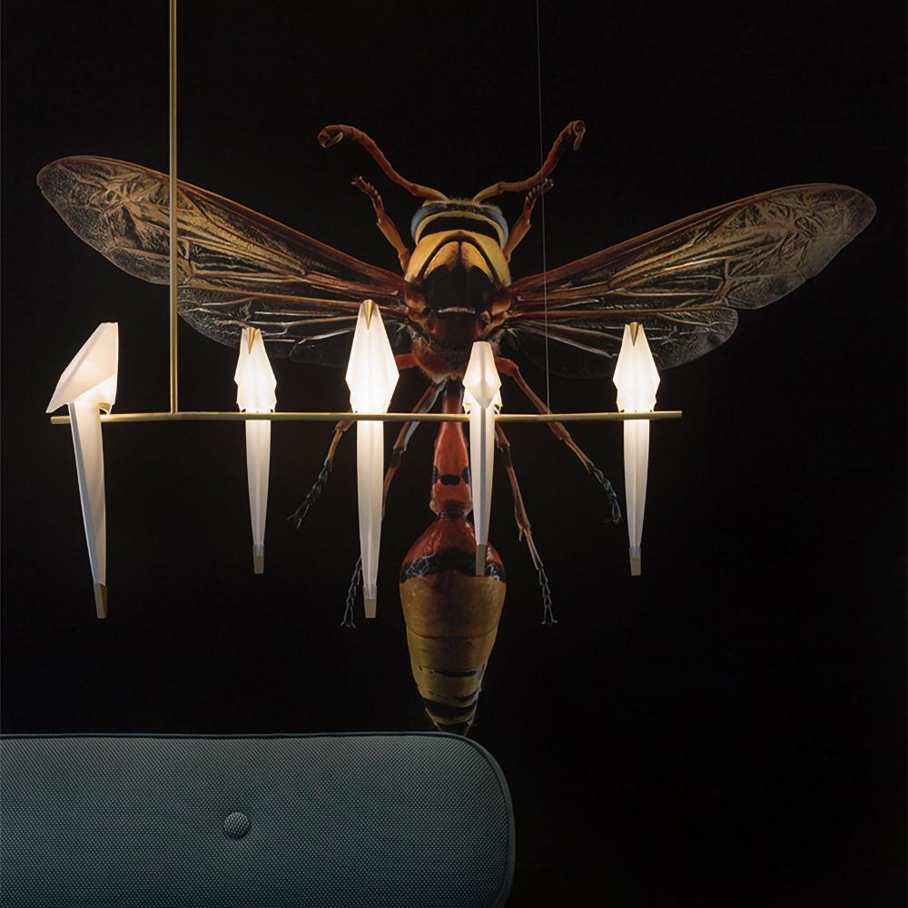 Gold Sculptural Chandelier In Acrylic And Metal, Adjustable And Dimmable