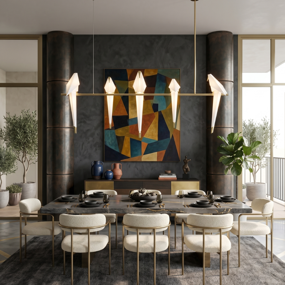 Gold Sculptural Chandelier In Acrylic And Metal, Adjustable And Dimmable
