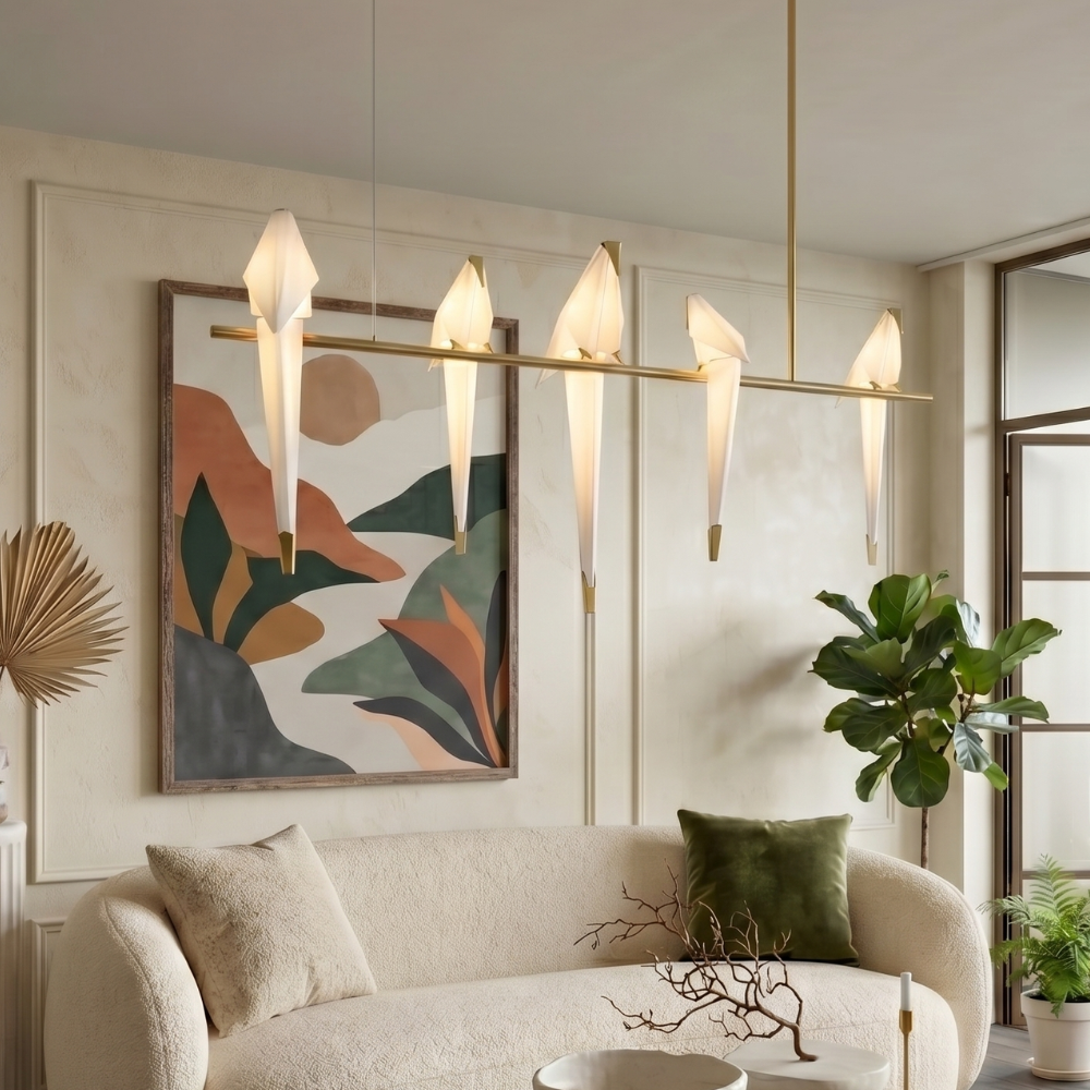 Gold Sculptural Chandelier In Acrylic And Metal, Adjustable And Dimmable