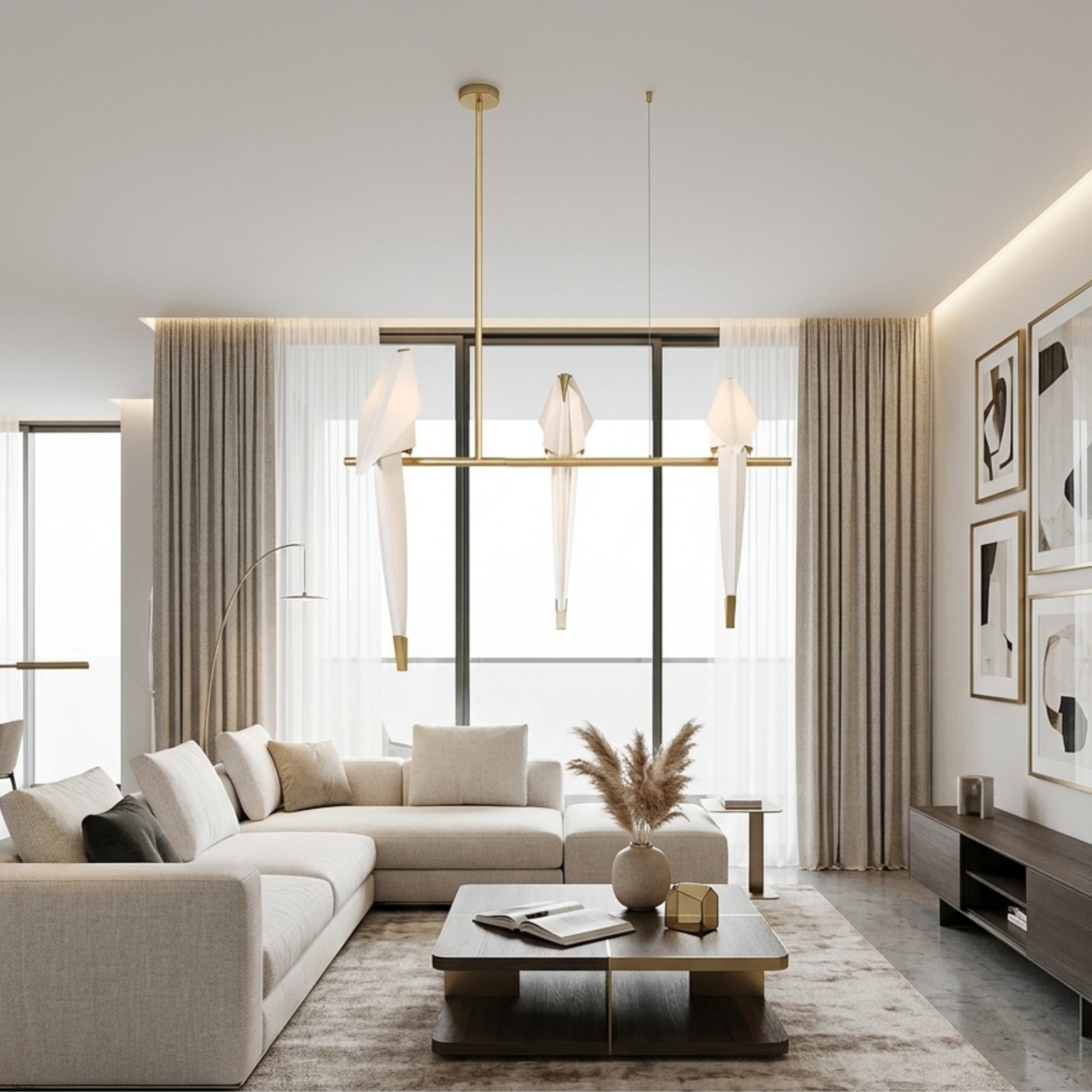 Gold Sculptural Chandelier In Acrylic And Metal, Adjustable And Dimmable