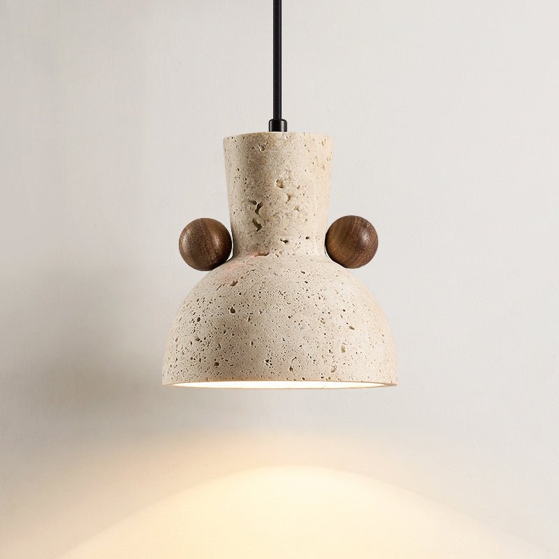 Sculptural Pendant Light With Yellow Travertine And Walnut Accents