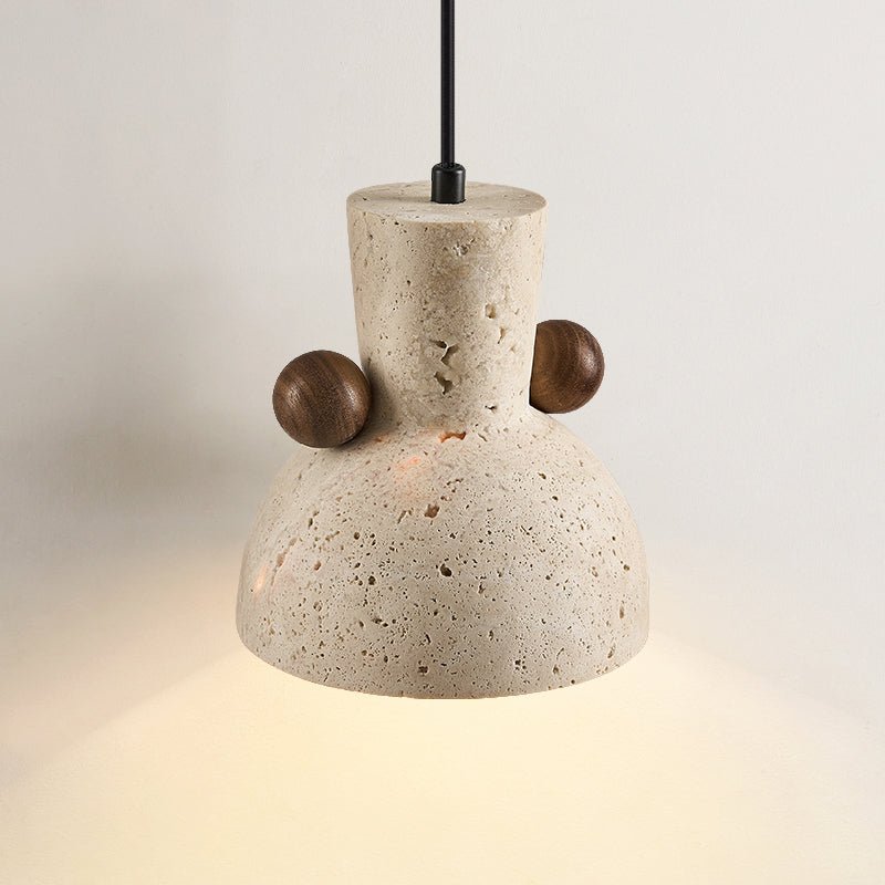 Sculptural Pendant Light With Yellow Travertine And Walnut Accents