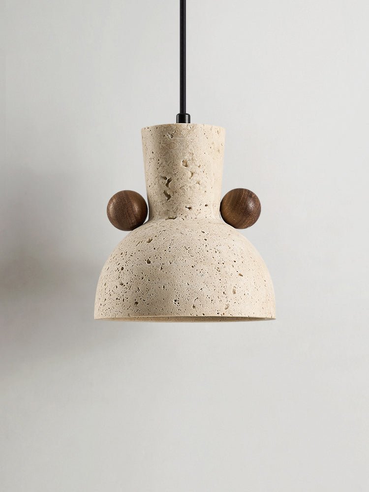 Sculptural Pendant Light With Yellow Travertine And Walnut Accents