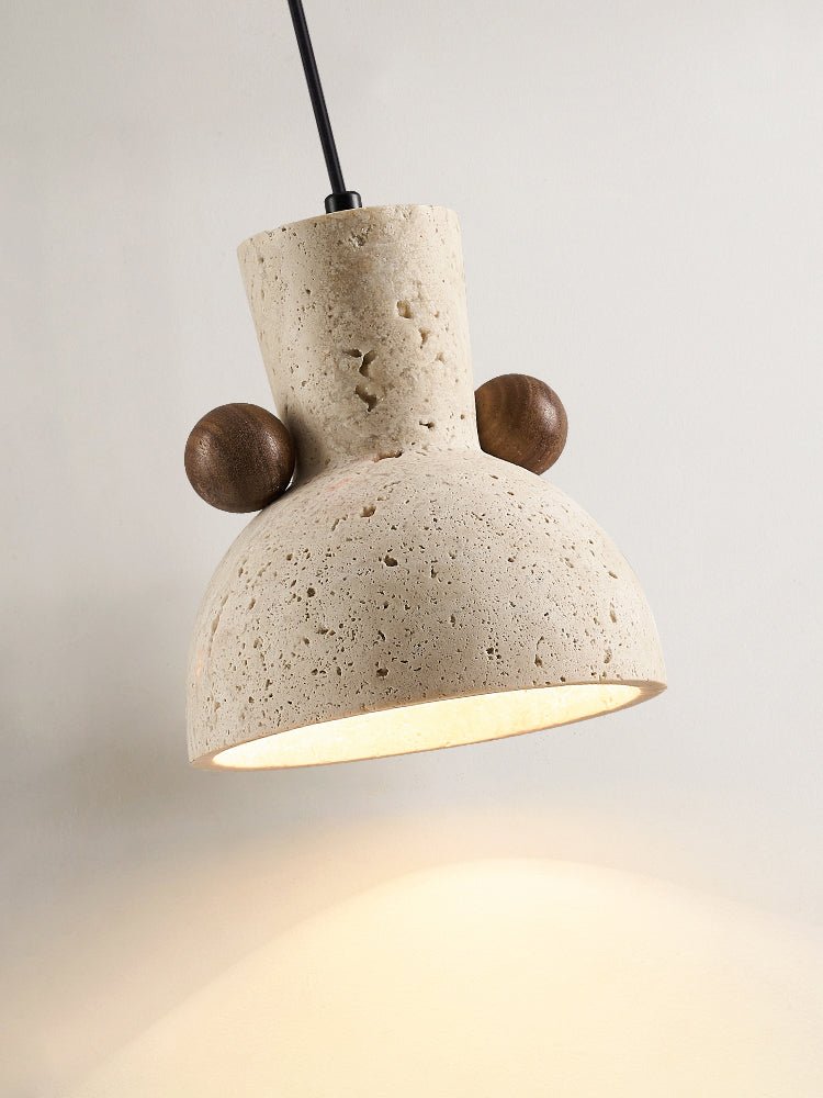 Sculptural Pendant Light With Yellow Travertine And Walnut Accents
