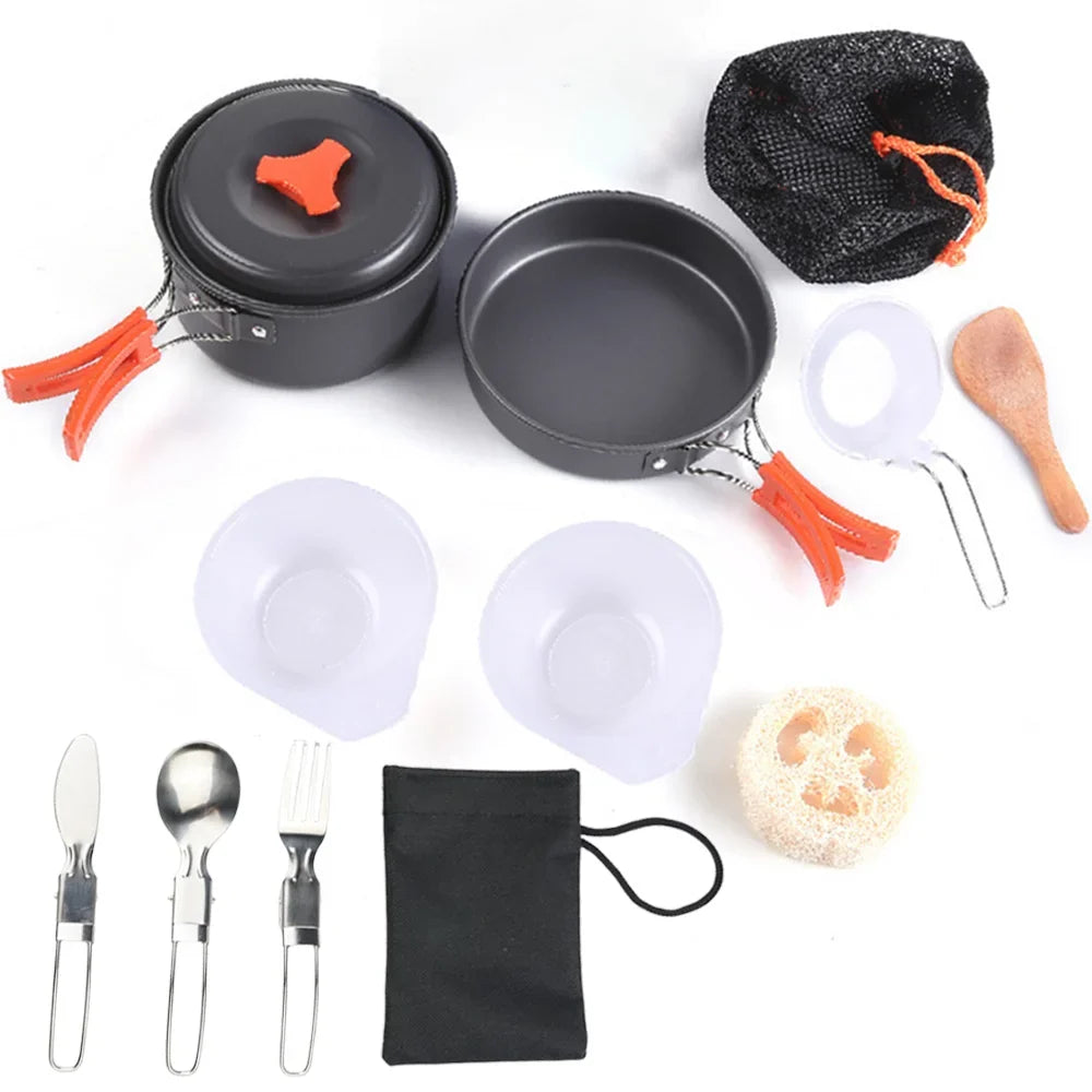 1.8L Mini Camping Cook Set - Aluminium Non-Stick Pot - Nested Storage - Green, Orange & Black | meowbutter