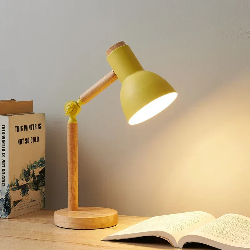 Nordic Rubberwood Desk Lamp — Adjustable Head, Colorful Shade