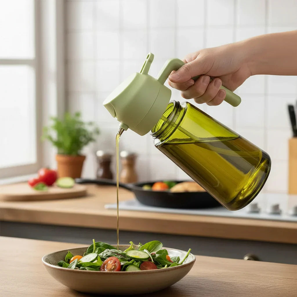 Oliedispenserflaske i glas med olivenoliesprayer til madlavning | Meowbutter