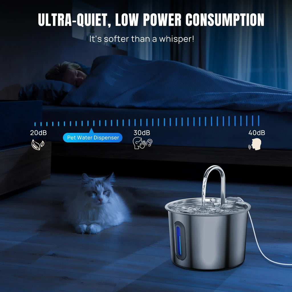 Cat Water Fountain - 304 Stainless Steel - 2.2L - Triple Filter - Quiet 5V Pump | meowbutter