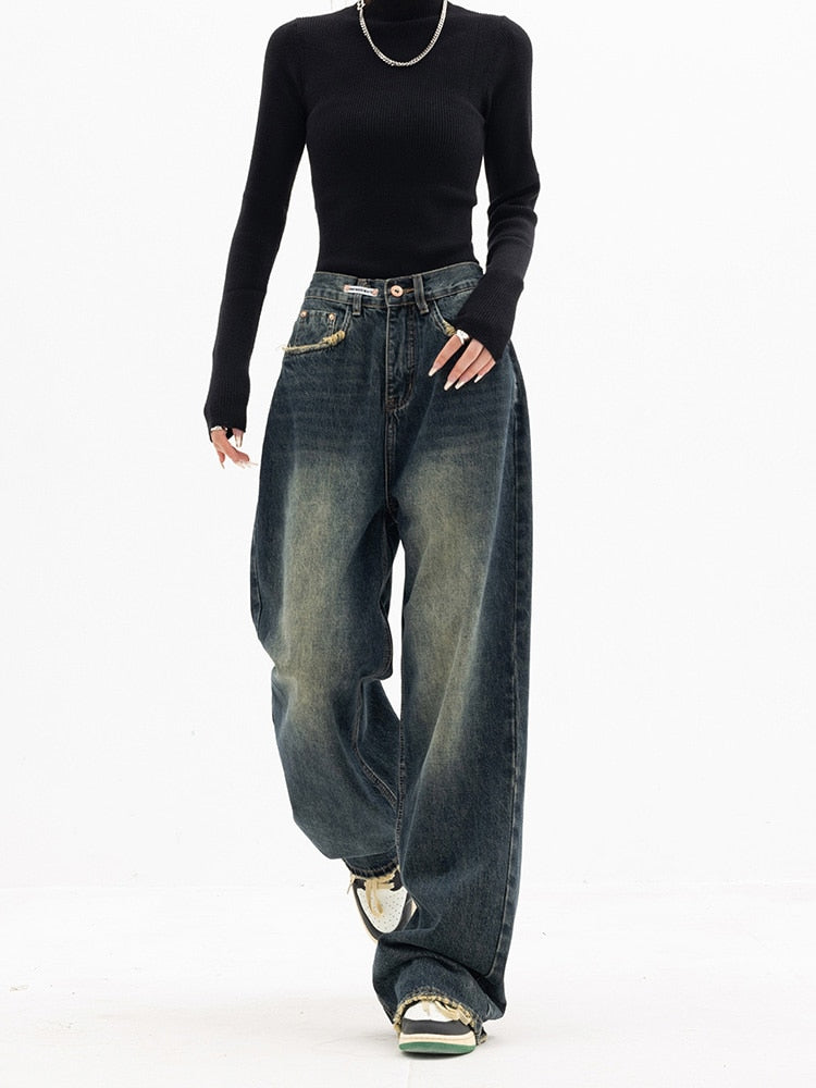 Luna Y2K -vintage-tyyliset naisten baggy-farkut — korkeavyötäröiset, leveälahkeiset