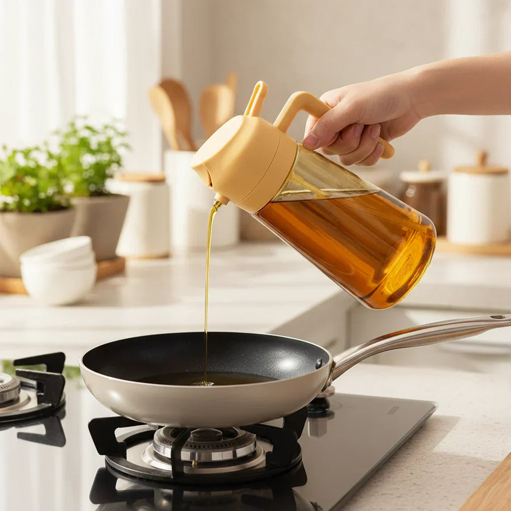 Oliedispenserflaske i glas med olivenoliesprayer til madlavning | Meowbutter