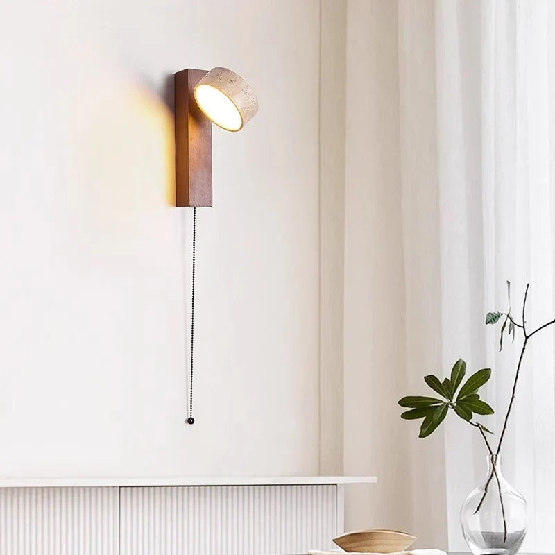 Éclat Wall Lamp — French-Inspired Wabi-Sabi Design, Solid Wood Frame, Organic Travertine, Pull Switch
