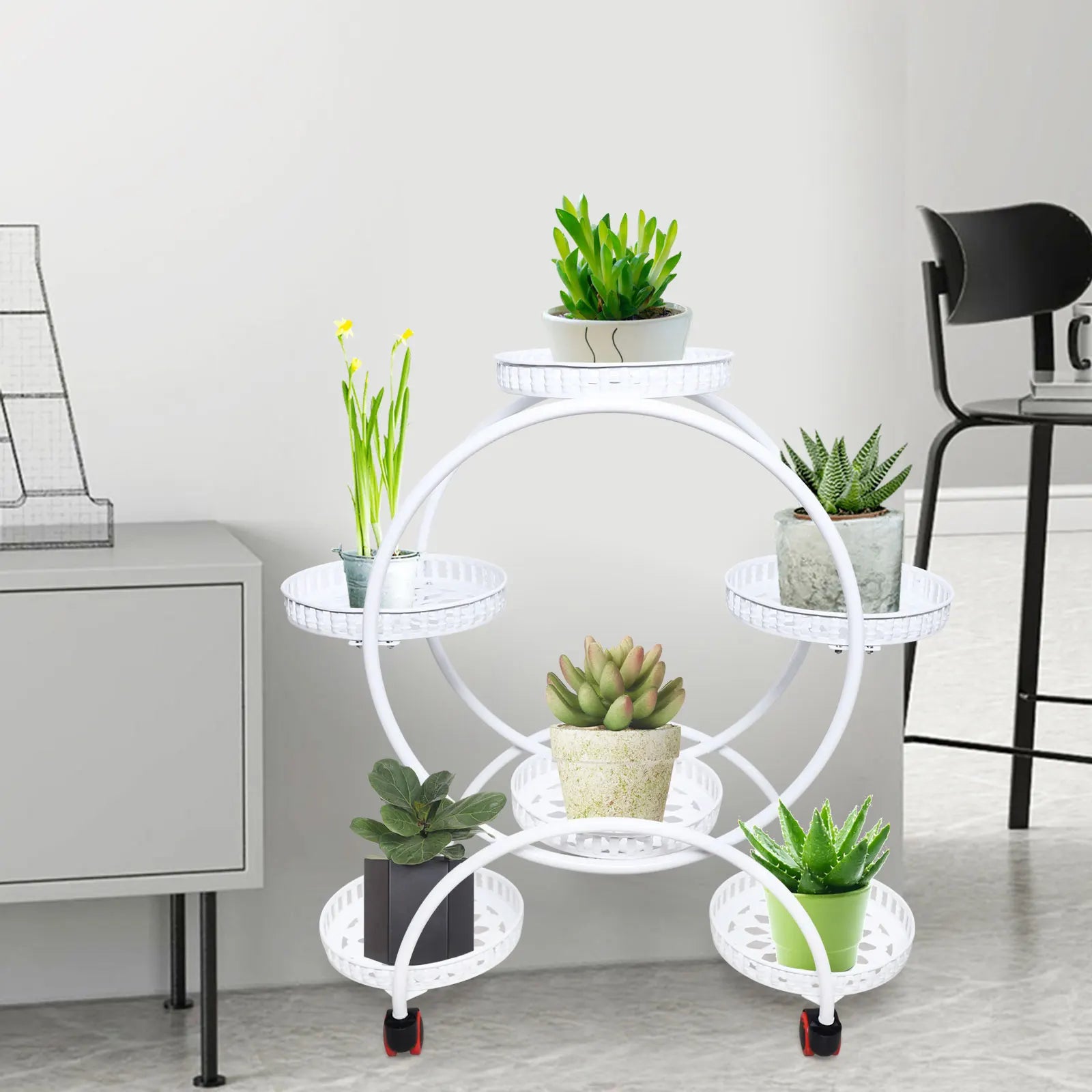 Metallisk planteholder med hjul | 6-lags blomsterpotteholder til indendørs og udendørs dekoration | Meowbutter