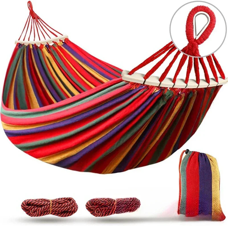 Double Hammock - Canvas - Anti-Roll Wooden Spreader Bars - 220x150cm - Carry Bag - Blue & Red | meowbutter