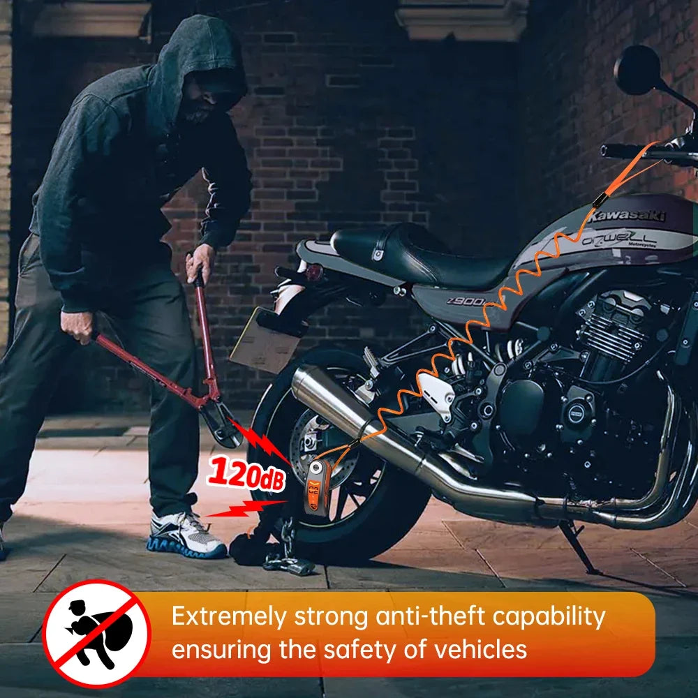 Disc Brake Lock - 120dB Motion Alarm - Hardened Steel - Motorcycle & Scooter Wheels - Reminder Cable | meowbutter