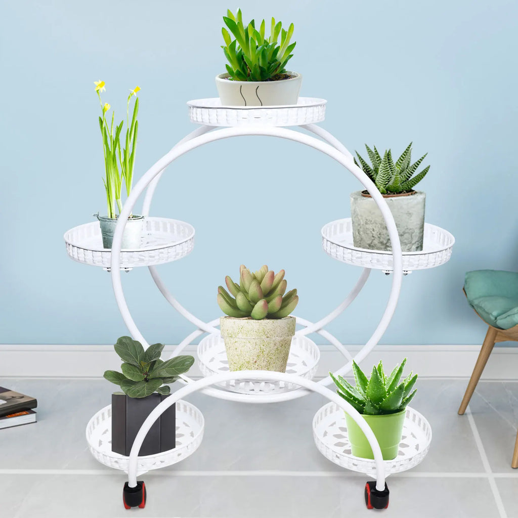 Metallisk planteholder med hjul | 6-lags blomsterpotteholder til indendørs og udendørs dekoration | Meowbutter