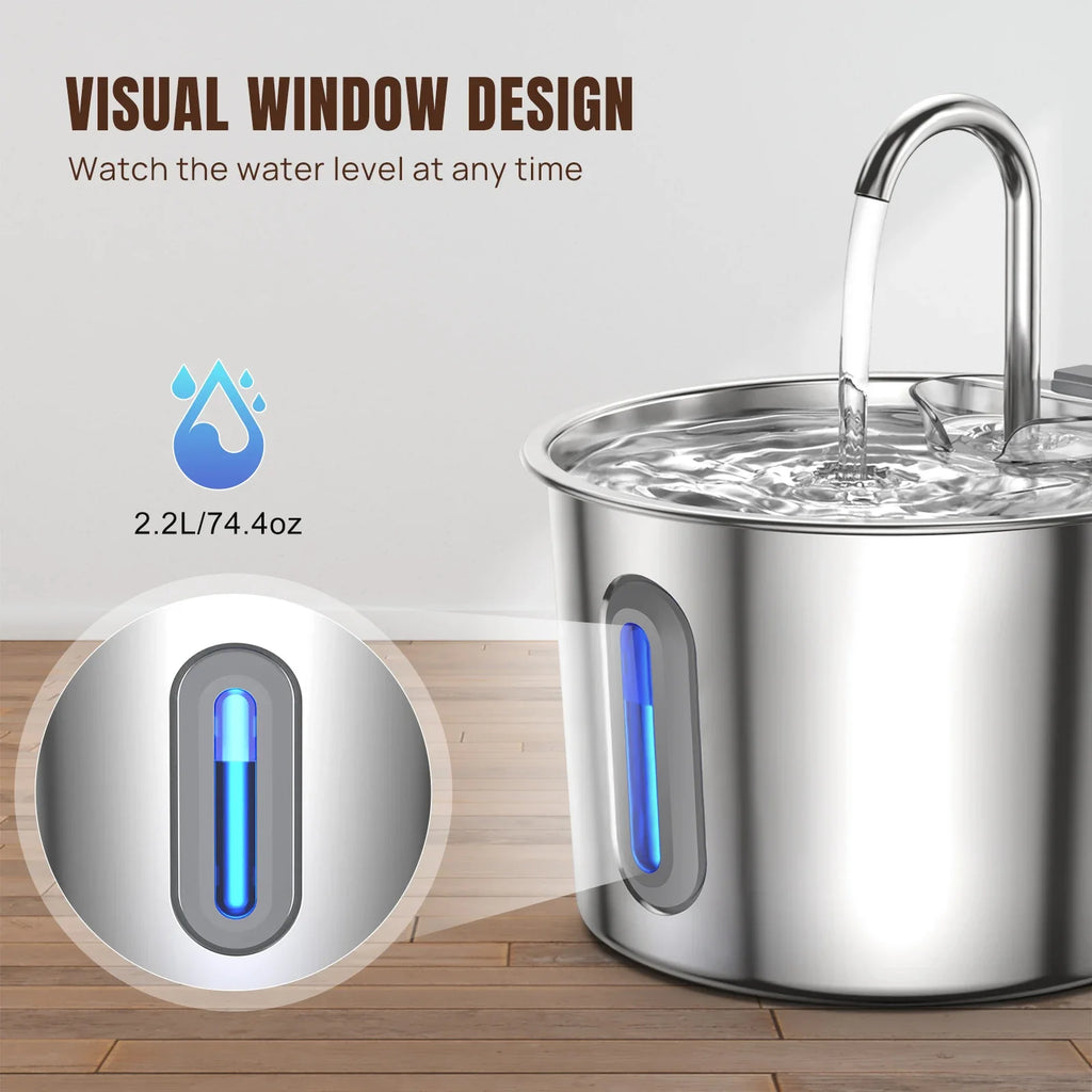 Cat Water Fountain - 304 Stainless Steel - 2.2L - Triple Filter - Quiet 5V Pump | meowbutter