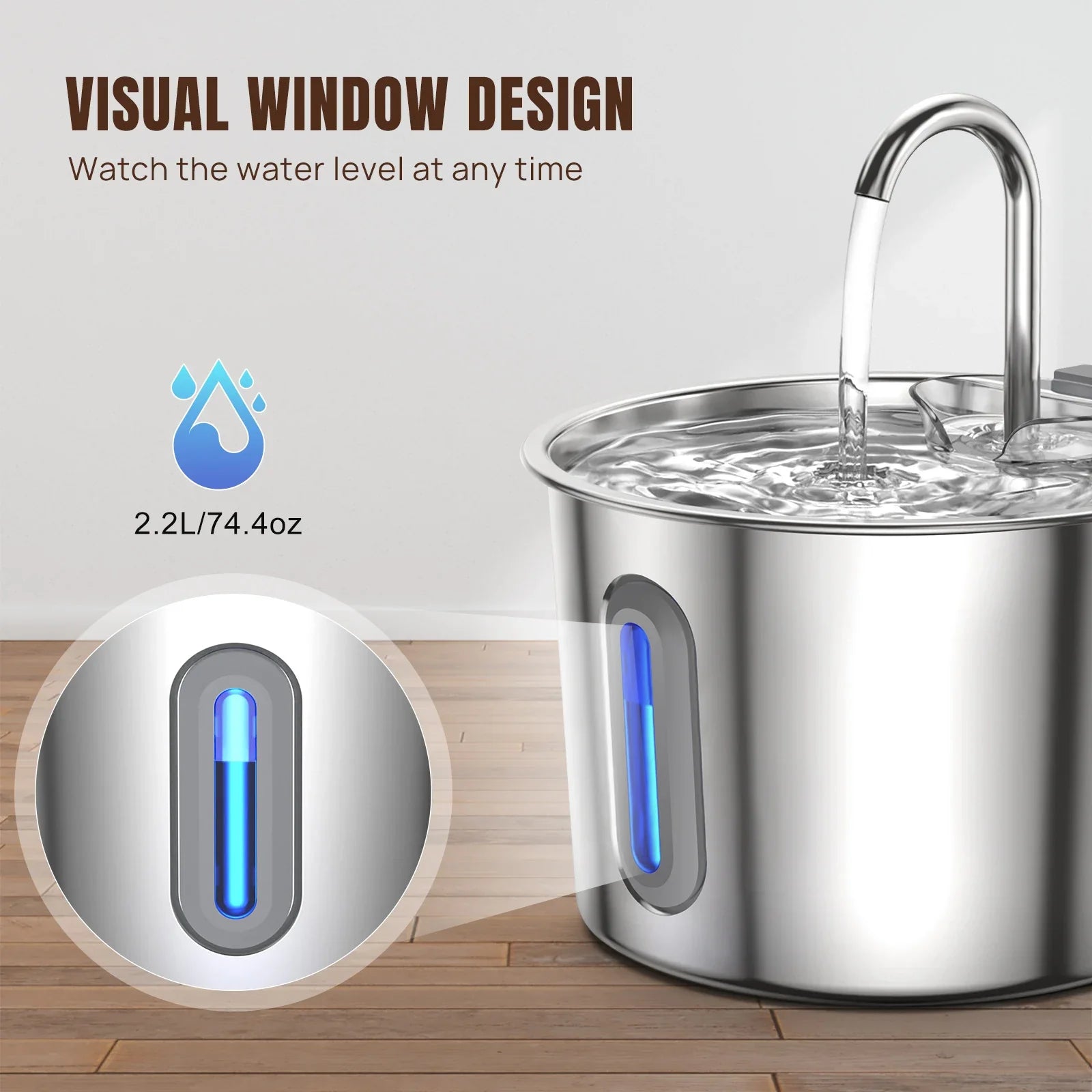 Cat Water Fountain - 304 Stainless Steel - 2.2L - Triple Filter - Quiet 5V Pump | meowbutter