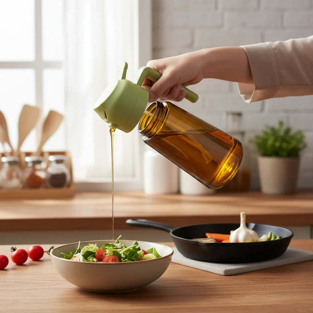 Oliedispenserflaske i glas med olivenoliesprayer til madlavning | Meowbutter