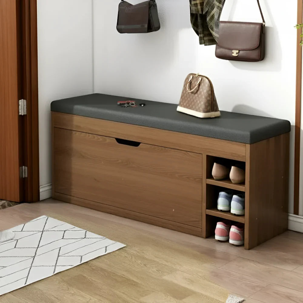 Skobänk med vikbar design — förvaringsskåp med gångjärn, öppen hylla