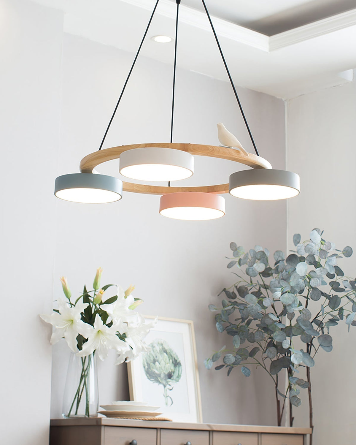 Sienna Bird Circular Chandelier — Wood Frame, Handcrafted Birds, Nature-Inspired LED Light